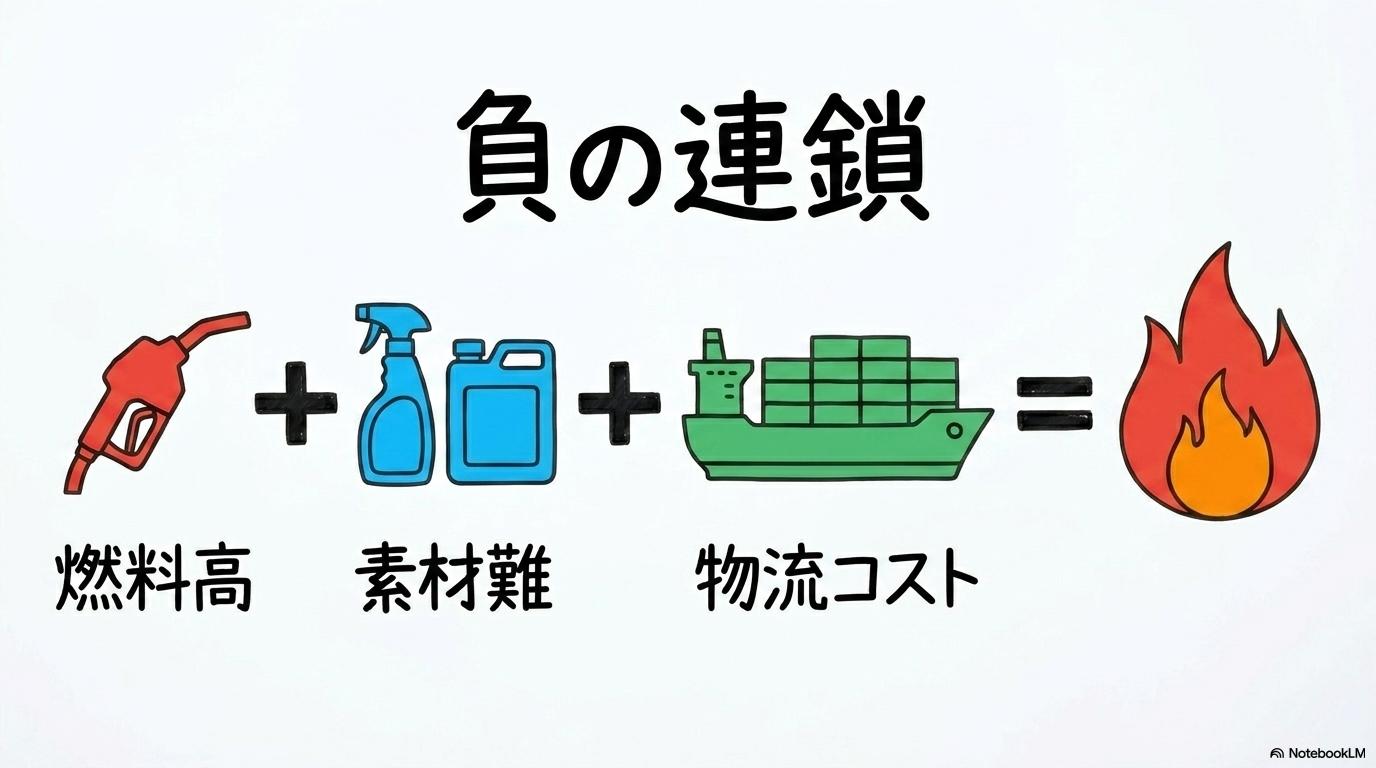 今回の危機が「燃料＋素材＋物流」の三重苦と言われる構造的要因の図解。燃料高と素材難の関係性を、数式図で表現した画像。