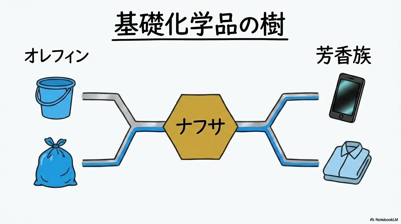 ホルムズ ショックを理解する鍵！芳香族・オレフィン（エチレン・プロピレン）とは？の図解。中央の要素と周囲の要素の関係性を、センター配置で表現した画像。