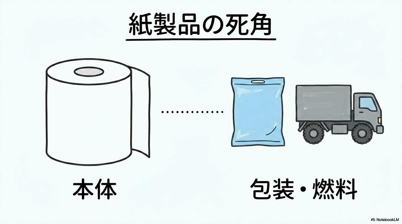 ホルムズ ショックで身近な生活必需品（トイレットペーパー・日用品）の供給網はどうなる？の図解。左半分と右半分の要素の関係性を、スプリット（左右分割）で表現した画像。