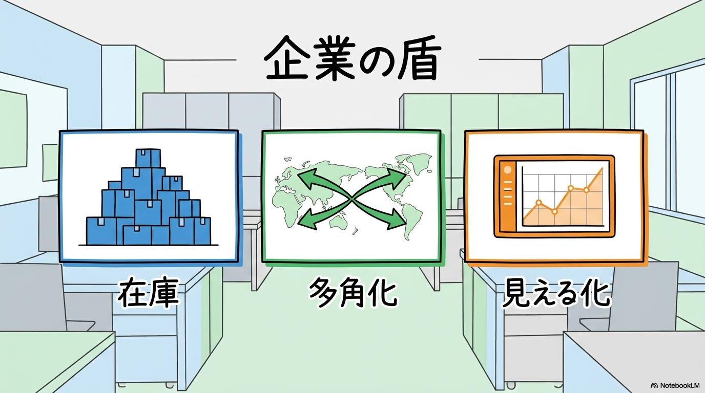 ホルムズ ショックに立ち向かう！企業が取り組むべきサプライチェーン防衛のルールの図解。それぞれのカードの要素の関係性を、カード型で表現した画像。