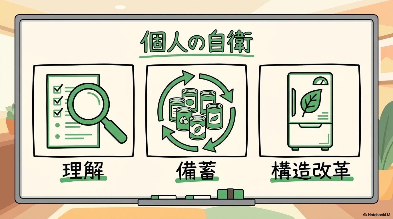 ホルムズ ショックの海峡封鎖リスクに備えるための知識と個人ができる対策の図解。左から右へ流れるステップの関係性を、3ステップ図で表現した画像。