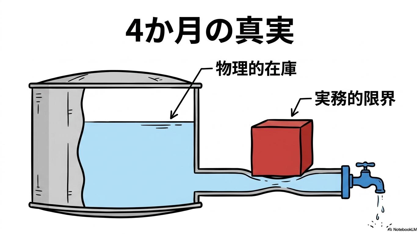 日本政府の「4か月分」の供給余力。国家備蓄・民間備蓄の正しい読み解き方の図解。タンクと重石の関係性を、数式図で表現した画像。