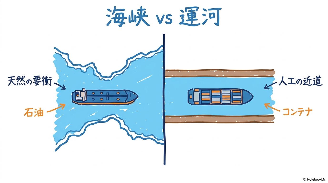 ホルムズ海峡とスエズ運河の地理的・機能的違いの比較図。天然の海峡と人工の運河、それぞれの主要通過品目をVS図で表現した画像。