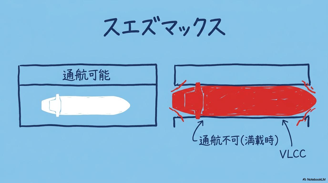 船のサイズ制限「スエズマックス」の解説図。超大型タンカー(VLCC)が運河を通れない物理的限界をカード型で表現した画像。