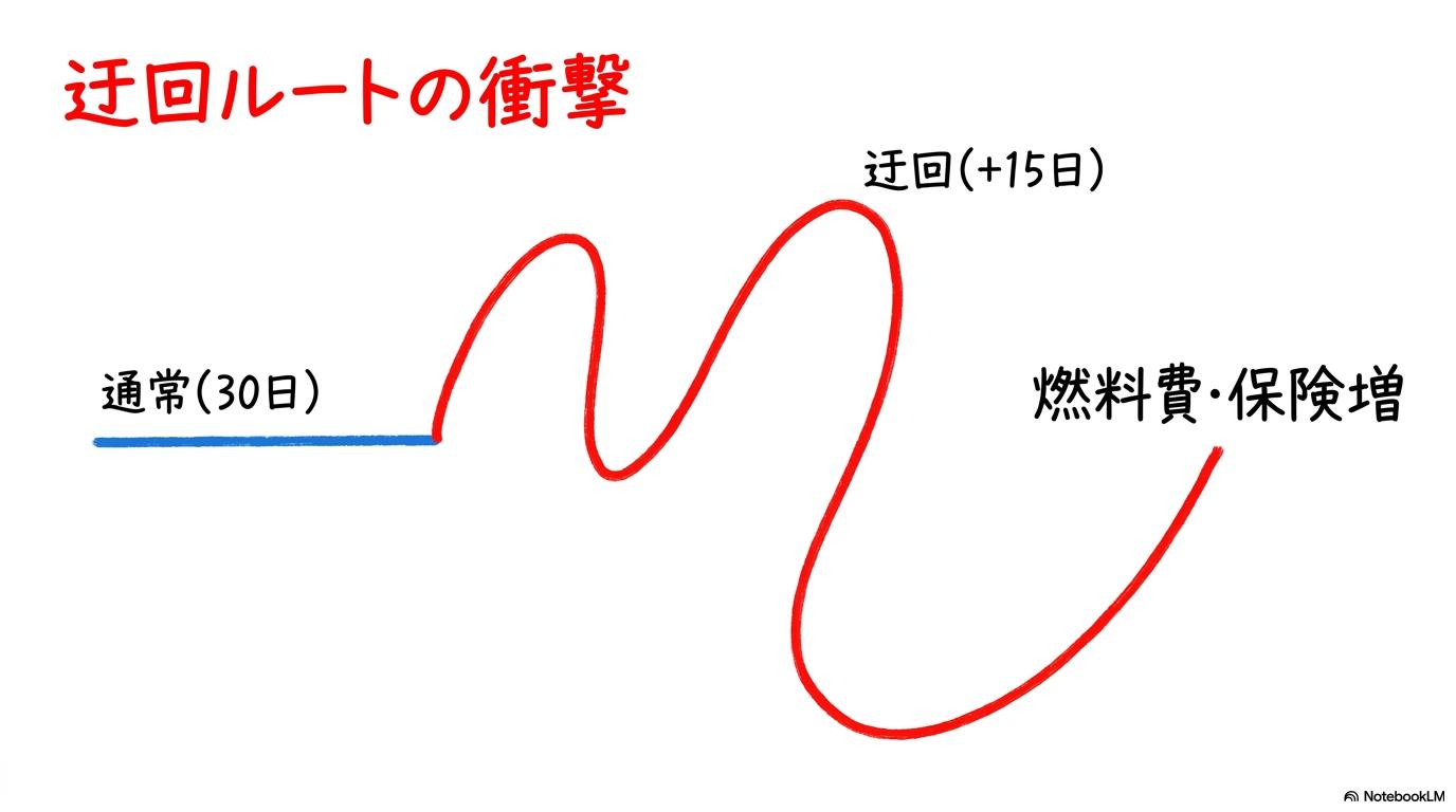 スエズ経由と喜望峰迂回の航路比較図。追加される距離と日数をビフォーアフター構図で表現した画像。