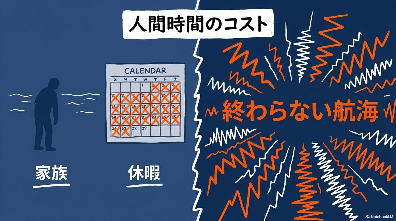 航路変更に伴う船員の精神的・肉体的負担の図解。休暇延期や家族との別れといった『人間時間のコスト』をスプリット構図で表現した画像。