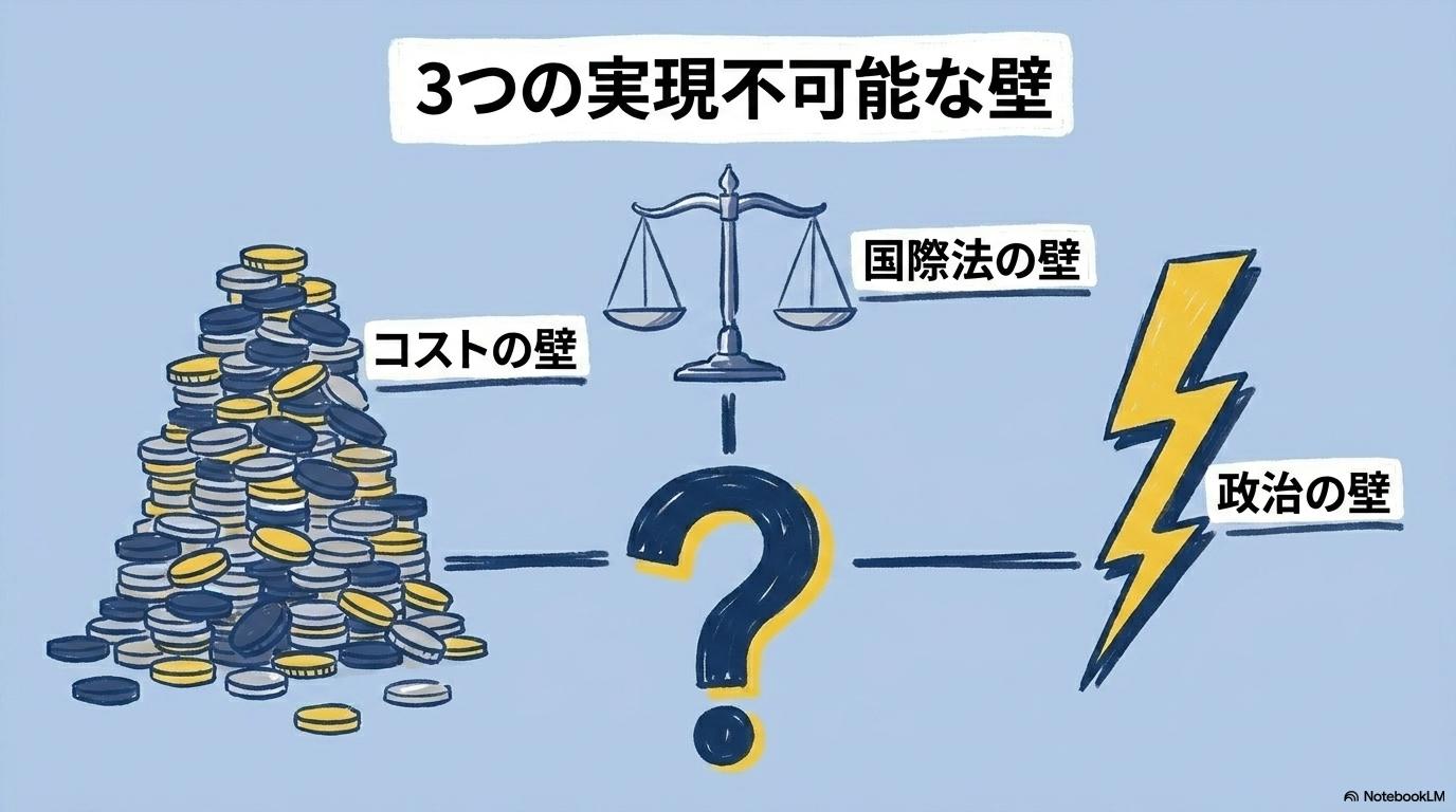 海峡埋め立てや全面パイプライン化が不可能な理由を整理した図解。コスト・法・政治の3つの壁をセンター配置で表現した画像。