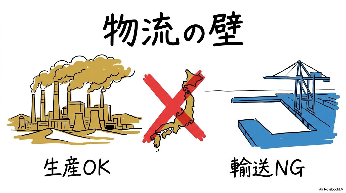 物流起点ショックのメカニズムの図解。工場の稼働と港の空き状況の対比を、VS図（対決）で表現した画像。