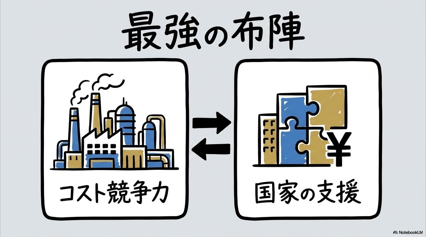 ホルムズ海峡の重要拠点アル・ジュベイル工業地帯の役割の図解。サウジ拠点と日本企業の協力関係を、カード型で表現した画像。