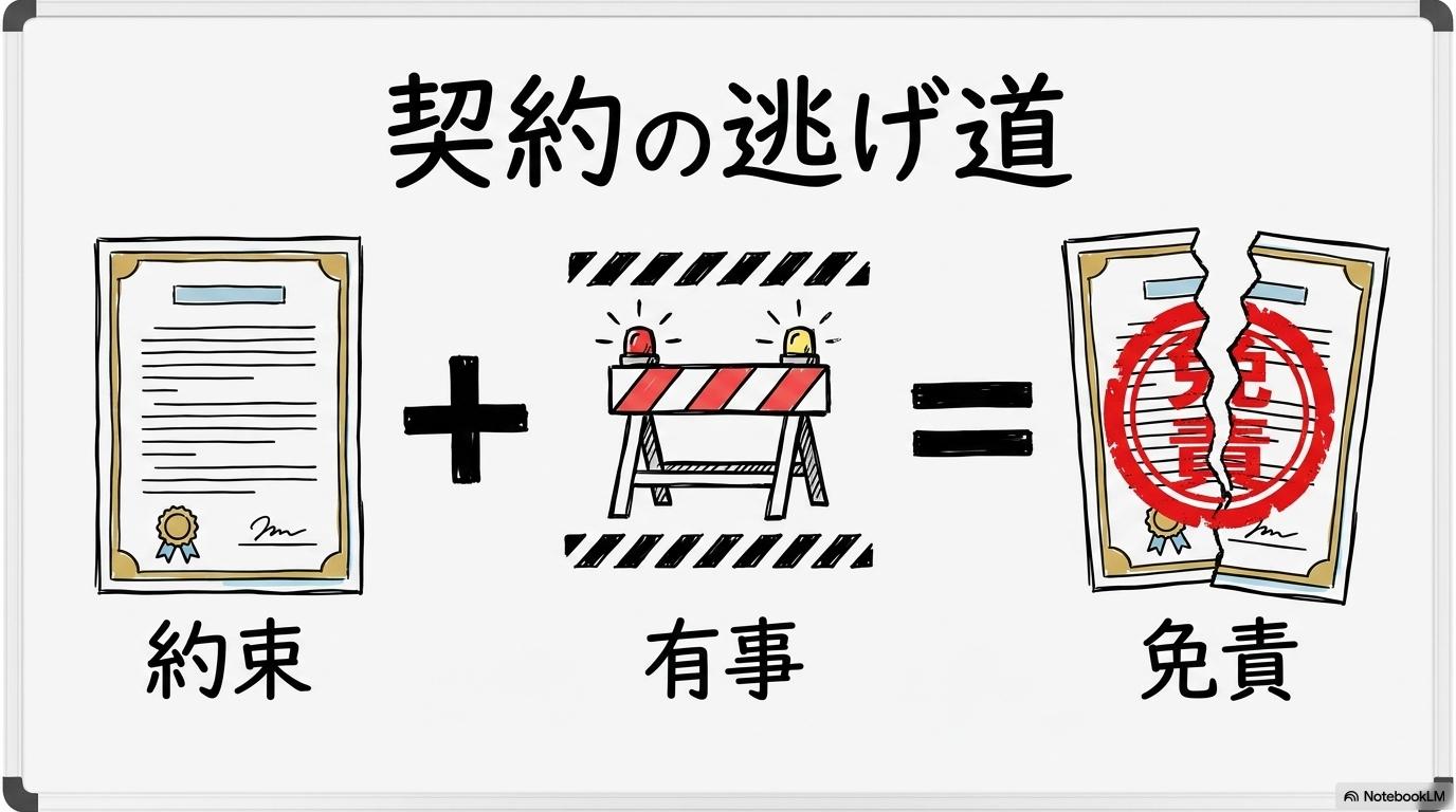 ホルムズ海峡封鎖時の不可抗力条項（FM）の図解。契約と有事の結果としての免責を、数式図で表現した画像。