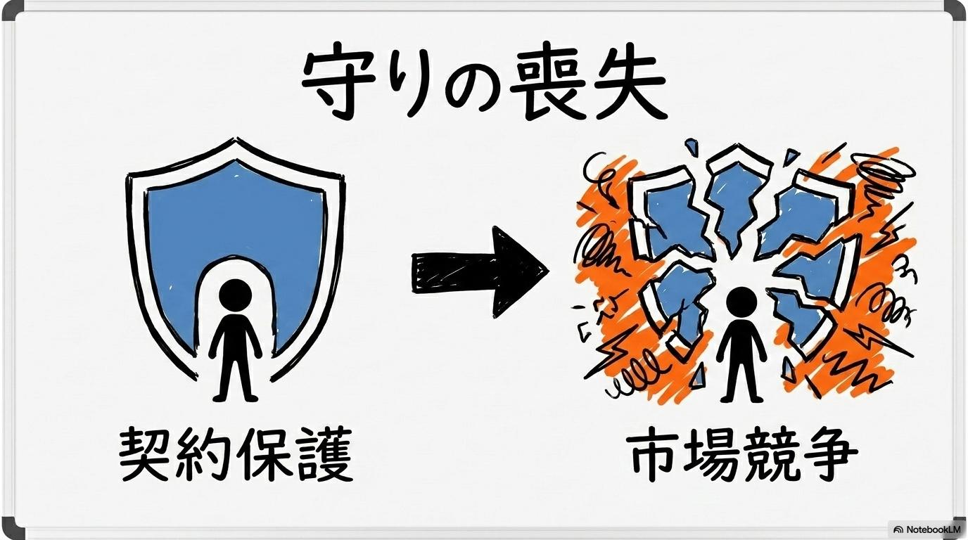 供給側の法的免責とスポット調達の現実の図解。契約保護の喪失と市場競争への移行を、ビフォーアフター（状態変化）で表現した画像。