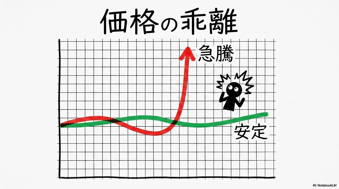 ホルムズ海峡有事で跳ね上がるスポット価格の衝撃の図解。建値とスポット価格の差を、VS図（対決）で表現した画像。
