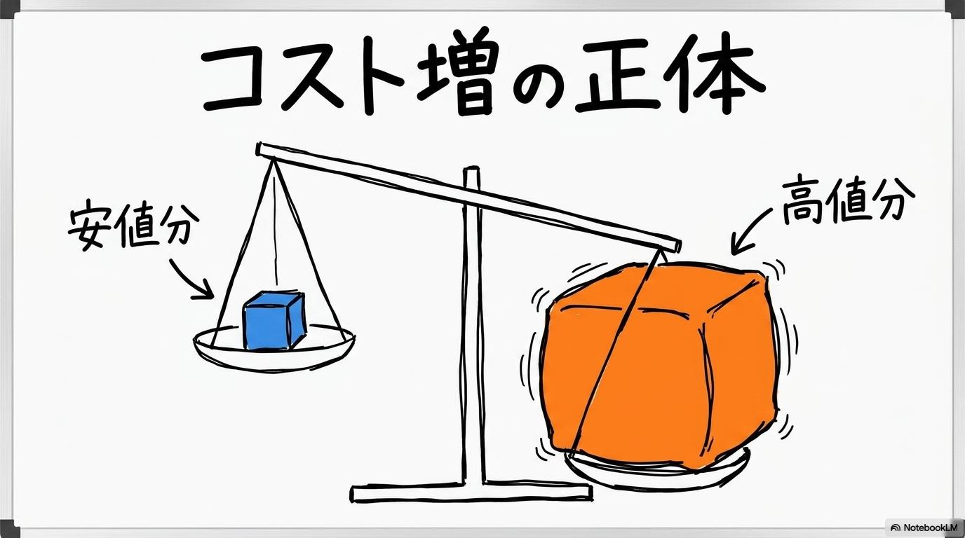 加重平均コストの罠の図解。長期契約分とスポット分の比率の変化を、数式図（天秤）で表現した画像。