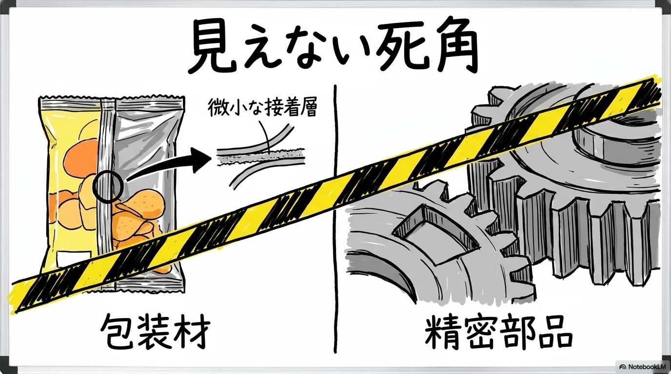 メタノール供給不安が食品包装や合成樹脂を直撃する図解。包装材と精密部品の共通リスクを、スプリット（左右分割）で表現した画像。