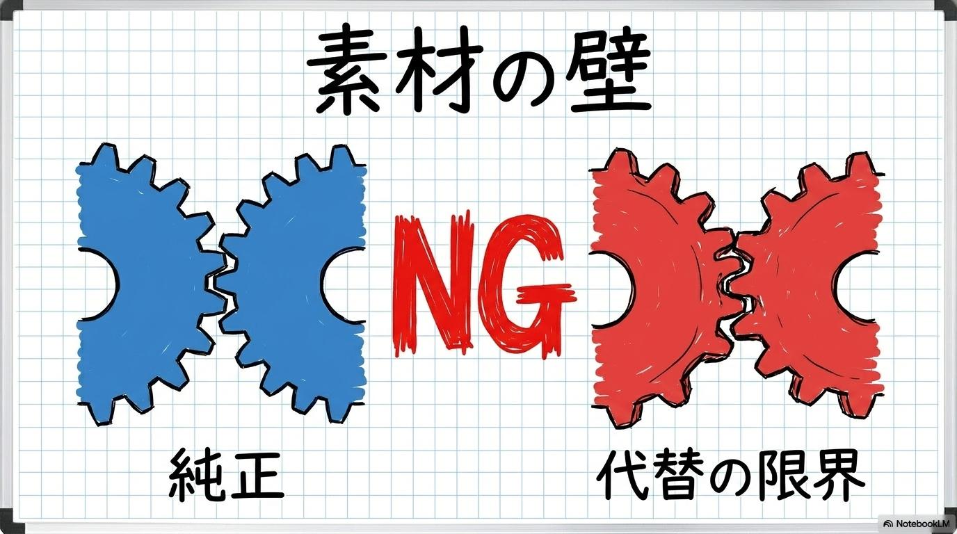 代替素材の壁と技術的限界の図解。純正素材と代替素材の適合性を、VS図（対決）で表現した画像。