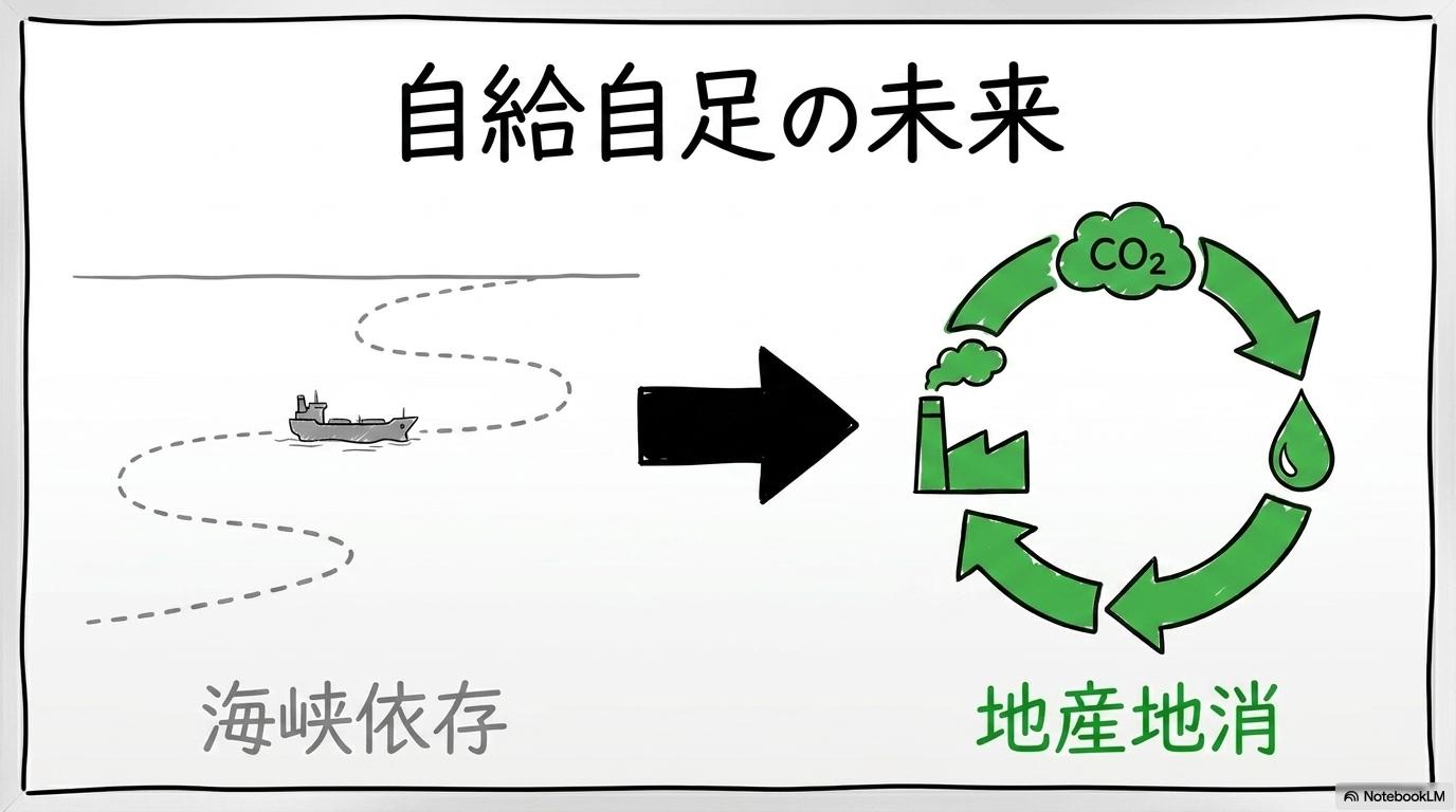 メタノール供給の中東依存からの脱却と将来展望の図解。航路依存から自給自足への転換を、ビフォーアフター（状態変化）で表現した画像。