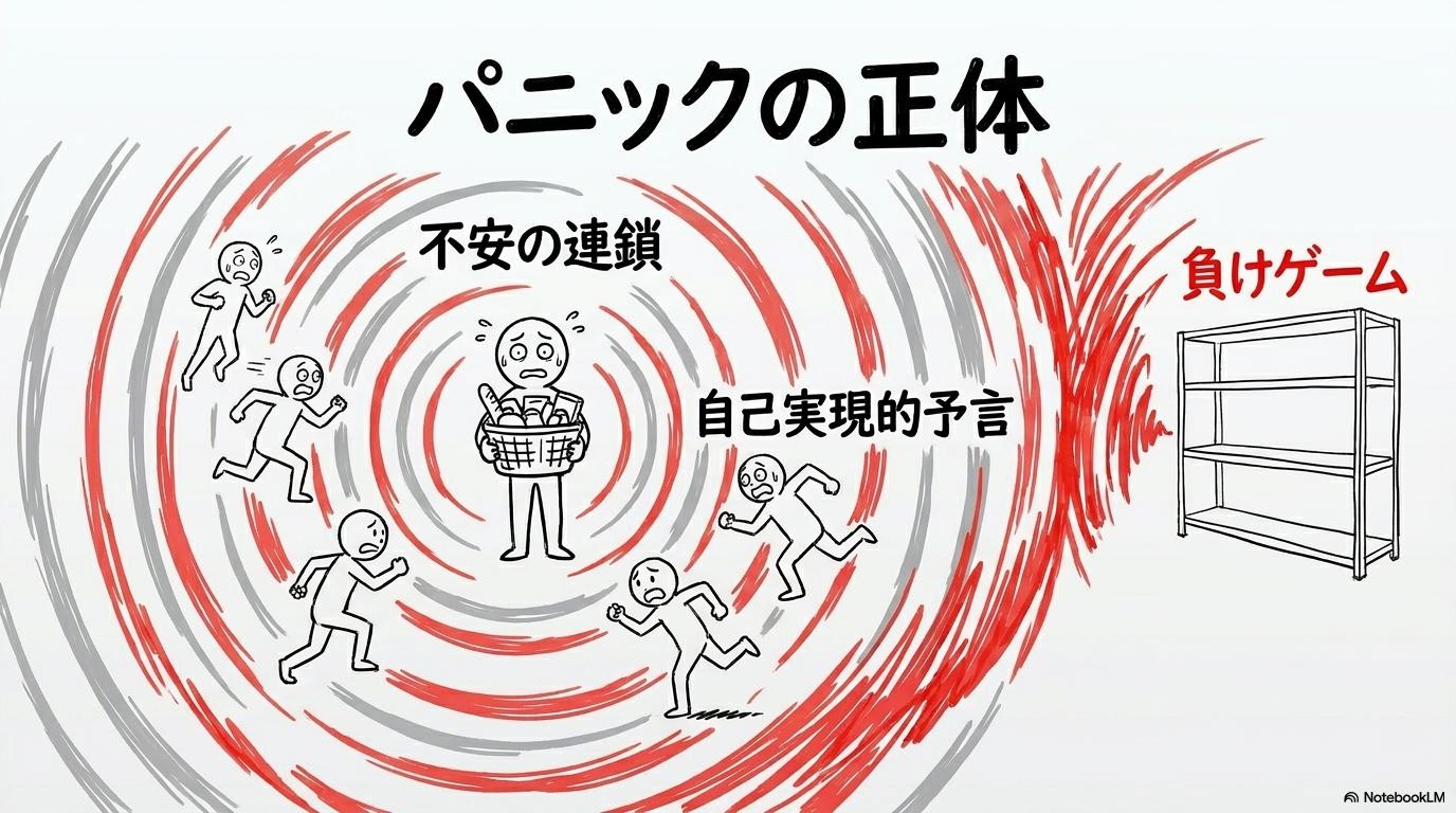 ホルムズ海峡の備蓄騒動を心理学で切る:過去のオイルショックにおける集団心理の図解。一人の行動がパニックを引き起こす仕組みをセンター配置で表現した画像。