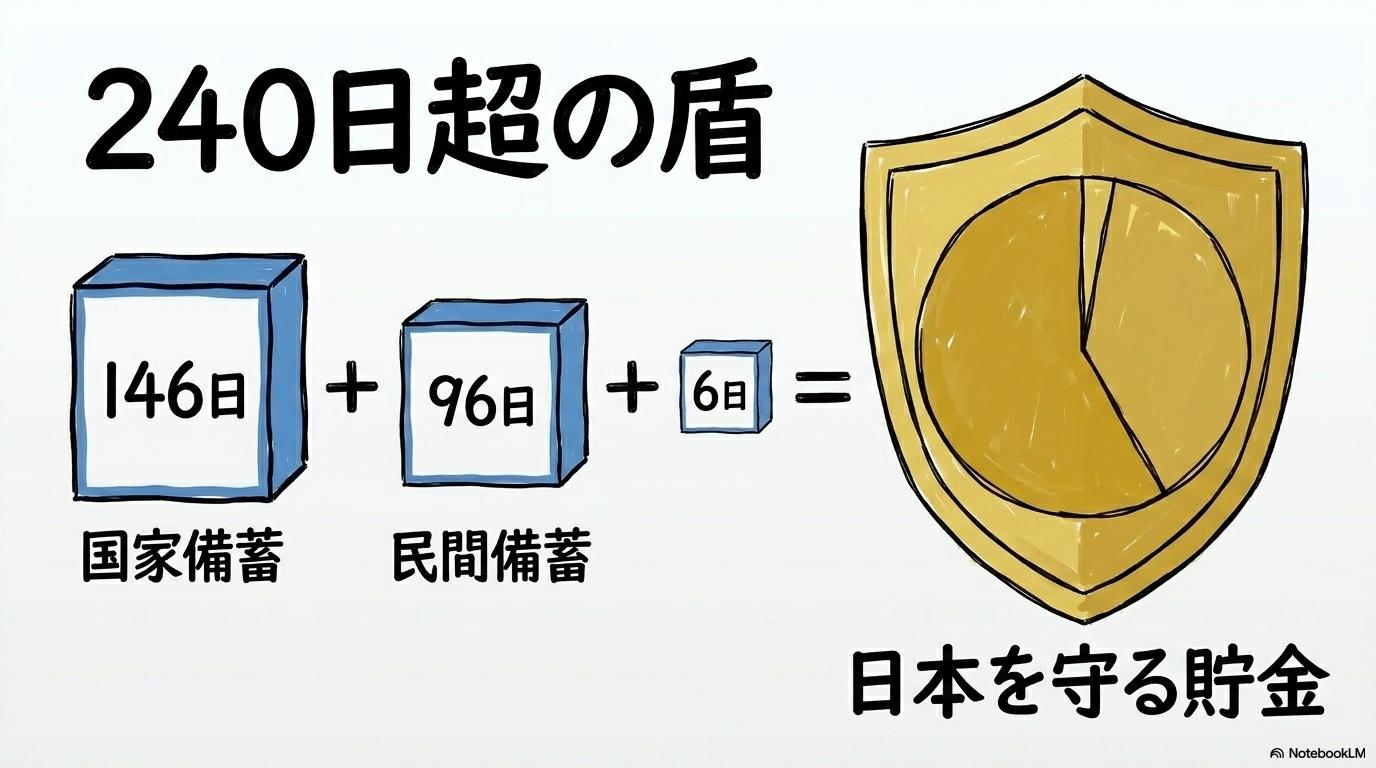 ホルムズ海峡の備蓄を支える「240日の盾」:国家・民間備蓄のセーフティネットの図解。備蓄の内訳と合計日数を、数式図と盾のイメージで表現した画像。