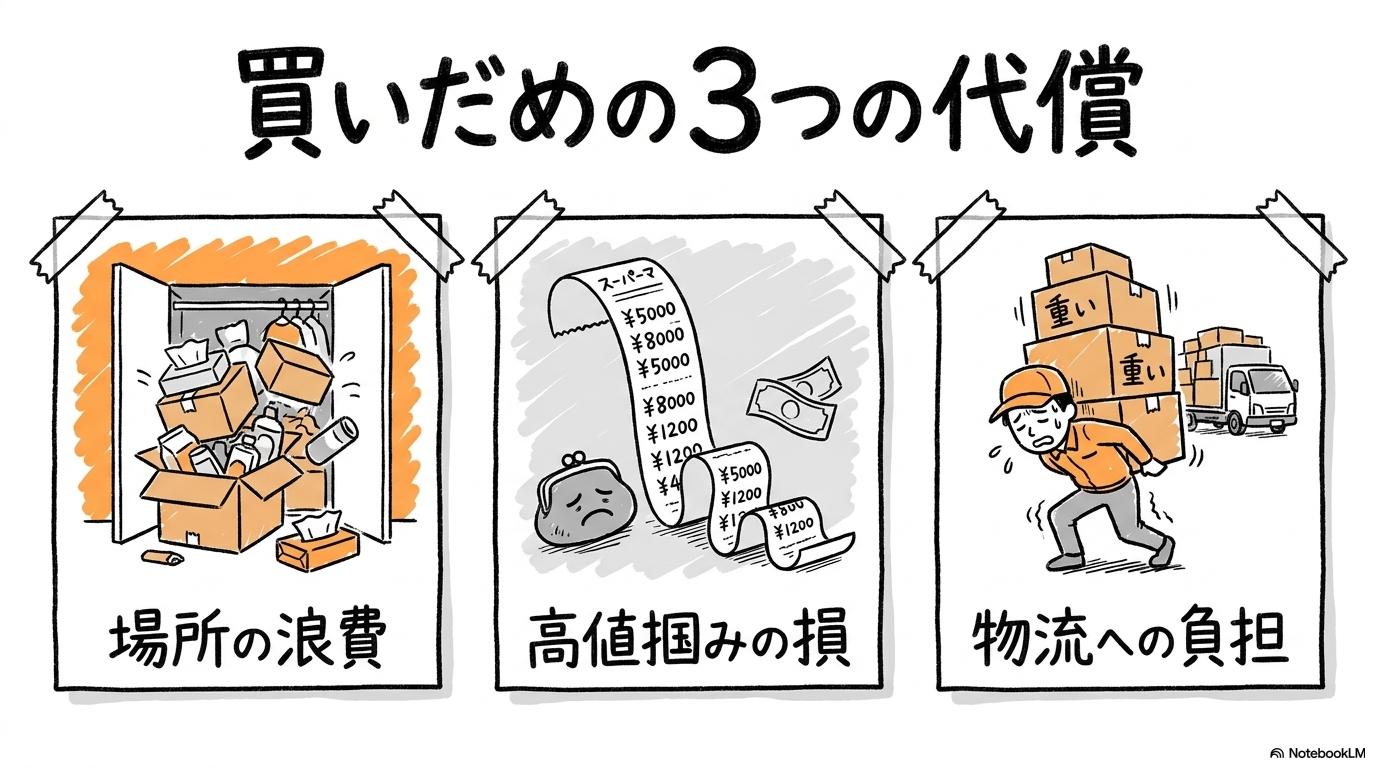 【体験記録】ホルムズ海峡の備蓄パニックに学べ:買いだめ騒動の見えない不利益の図解。買いだめによるスペース、金銭、社会への弊害をカード型で表現した画像。