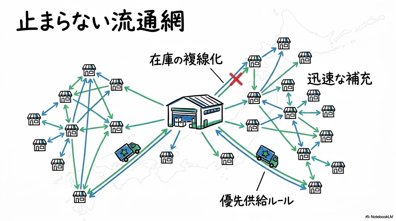 ホルムズ海峡の備蓄不安を打ち消す:日用品流通を支える強固なネットワークの図解。センターからの迅速な補充と優先給油の仕組みをセンター配置で表現した画像。