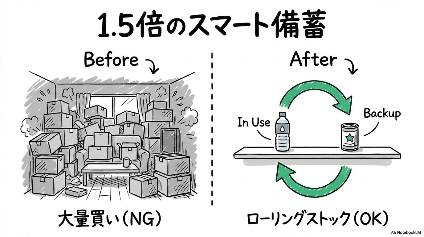 家庭で本当に必要なホルムズ海峡の備蓄:賢いローリングストックの実践の図解。買いだめとローリングストックの違いを、ビフォーアフターで表現した画像。