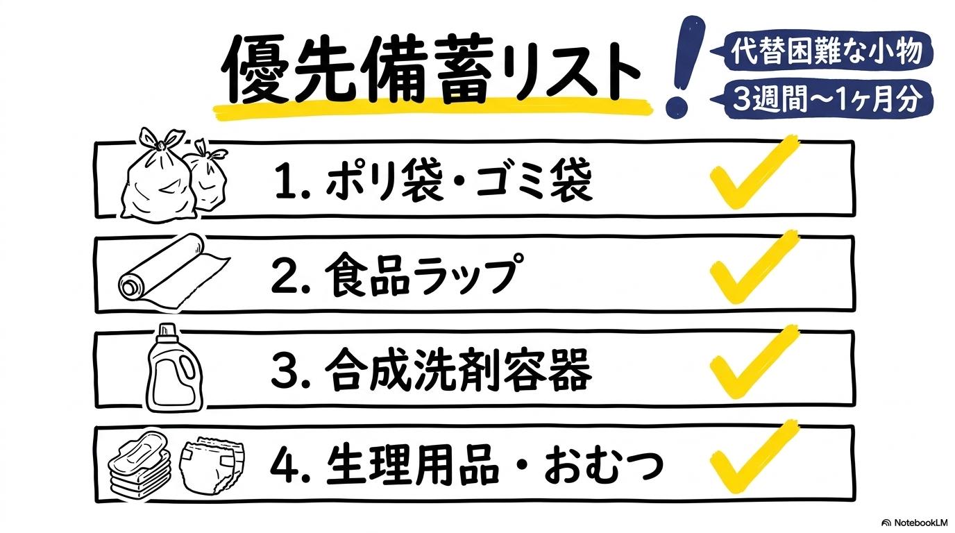 専門家が選ぶ「ナフサ危機」で優先順位を上げるべき石油由来品目の図解。トイペよりも優先すべき品目リストをカード型で表現した画像。