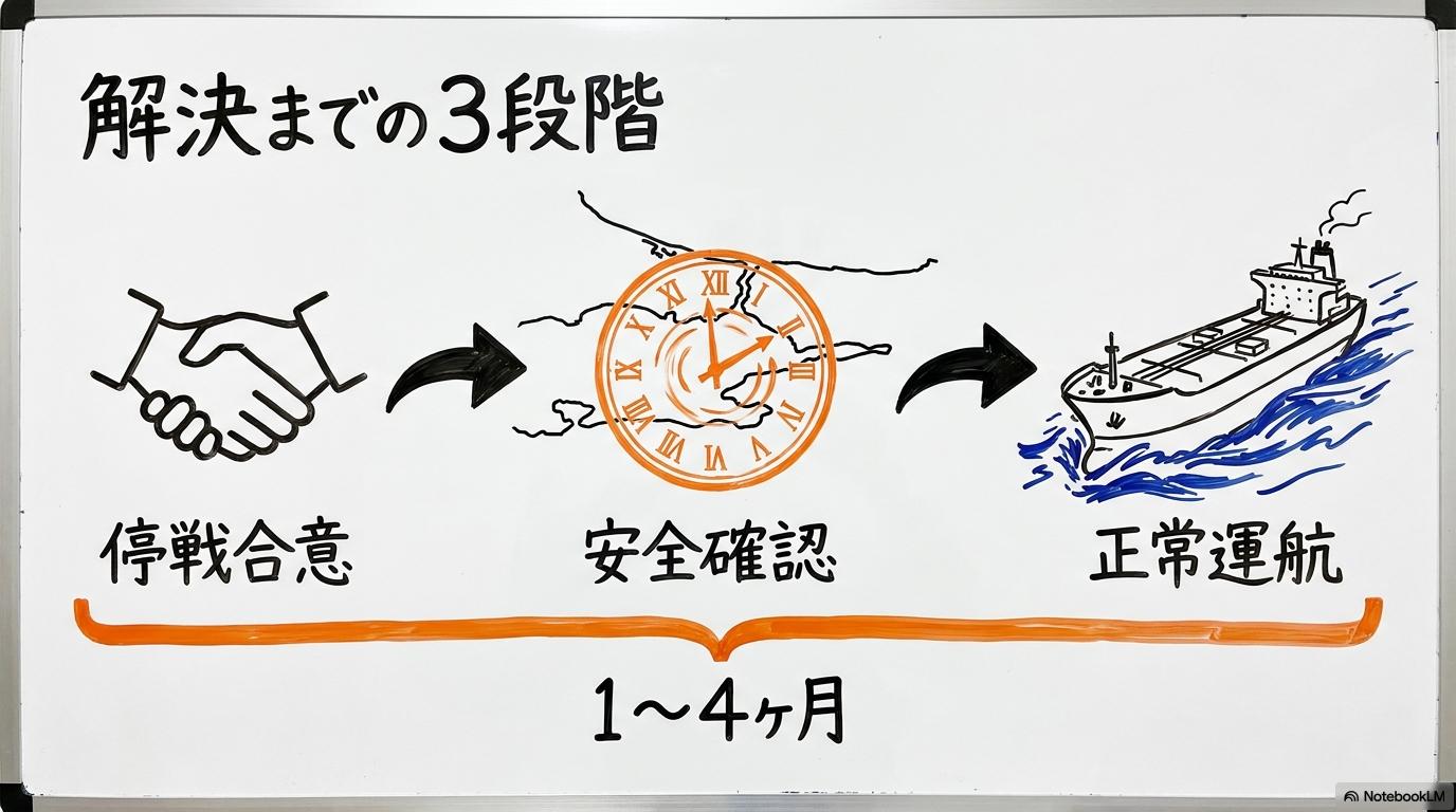 結論:ホルムズ海峡の閉鎖解除には「1〜4カ月」かかるのが軍事的な定説の図解。停戦から再開までの時間的流れを3ステップで表現した画像。