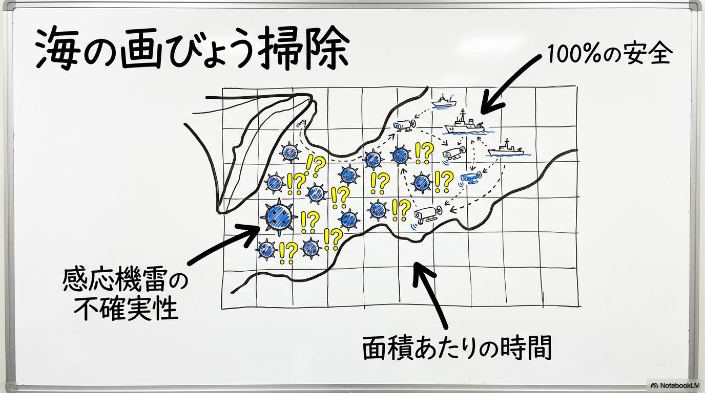 ホルムズ海峡の閉鎖解除を阻む障壁:米軍の機雷掃海(MCM)にかかる日数の図解。広大な海で機雷を一つずつ除去する作業の地道さを表現した画像。