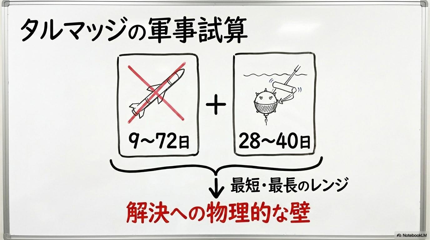 タルマッジ試算の内訳:ミサイル無力化と掃海作業に要する具体的な時間の図解。各作戦に必要な日数の内訳をカード型で表現した画像。