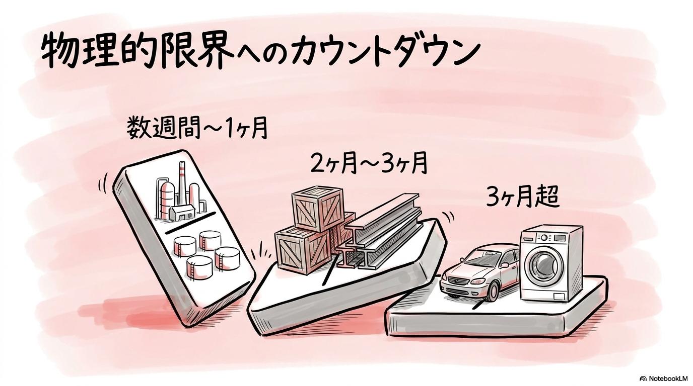 ホルムズ海峡の閉鎖が3カ月を超えた場合に起きる「物理적限界点」の恐怖の図解。産業への影響がドミノ式に広がっていく様子を表現した画像。