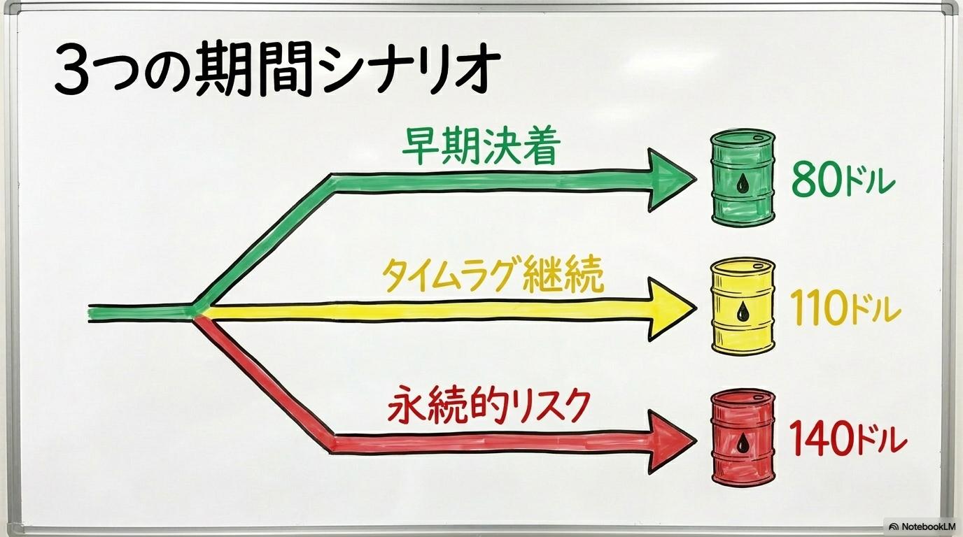 ホルムズ海峡の閉鎖はいつまで?楽観・ベース・悲観のシナリオ分析の図解。期間別の3つの可能性をカード型で表現した画像。
