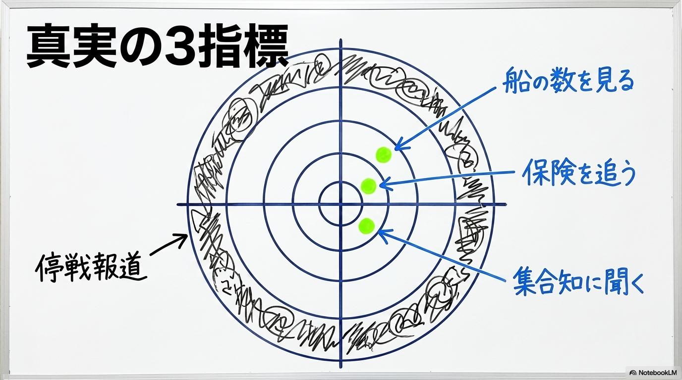 停戦後もホルムズ海峡の閉鎖が続くと読むべきか?再開を見極める3指標の図解。ヘッドラインに惑わされない実務的指標をレーダー形式で表現した画像。