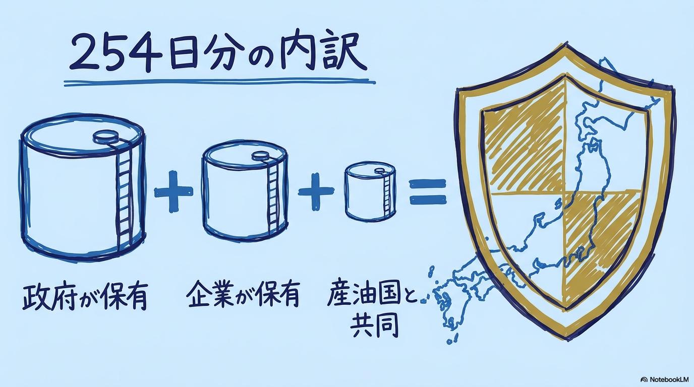 日本の石油備蓄の3層構造(国家・民間・共同)の解説図。合計254日分の内訳を数式図で表現した画像。