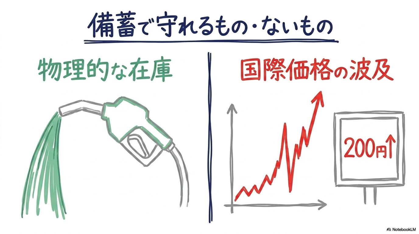 石油備蓄の有効性と限界の解説図。量は守れるが価格は守れない仕組みをスプリット構図で表現した画像。