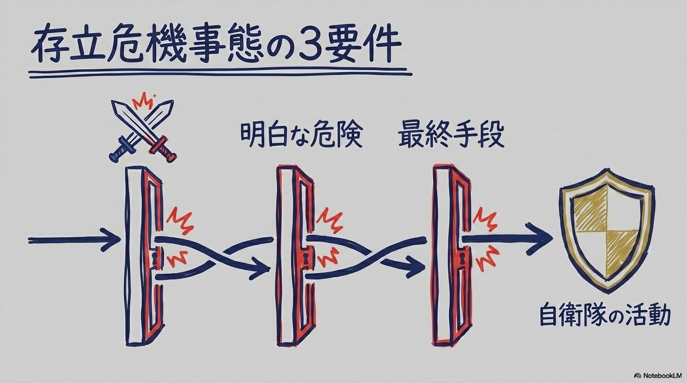 安全保障関連法における存立危機事態の認定フロー図。自衛隊派遣に至る3要件を3ステップ図で表現した画像。