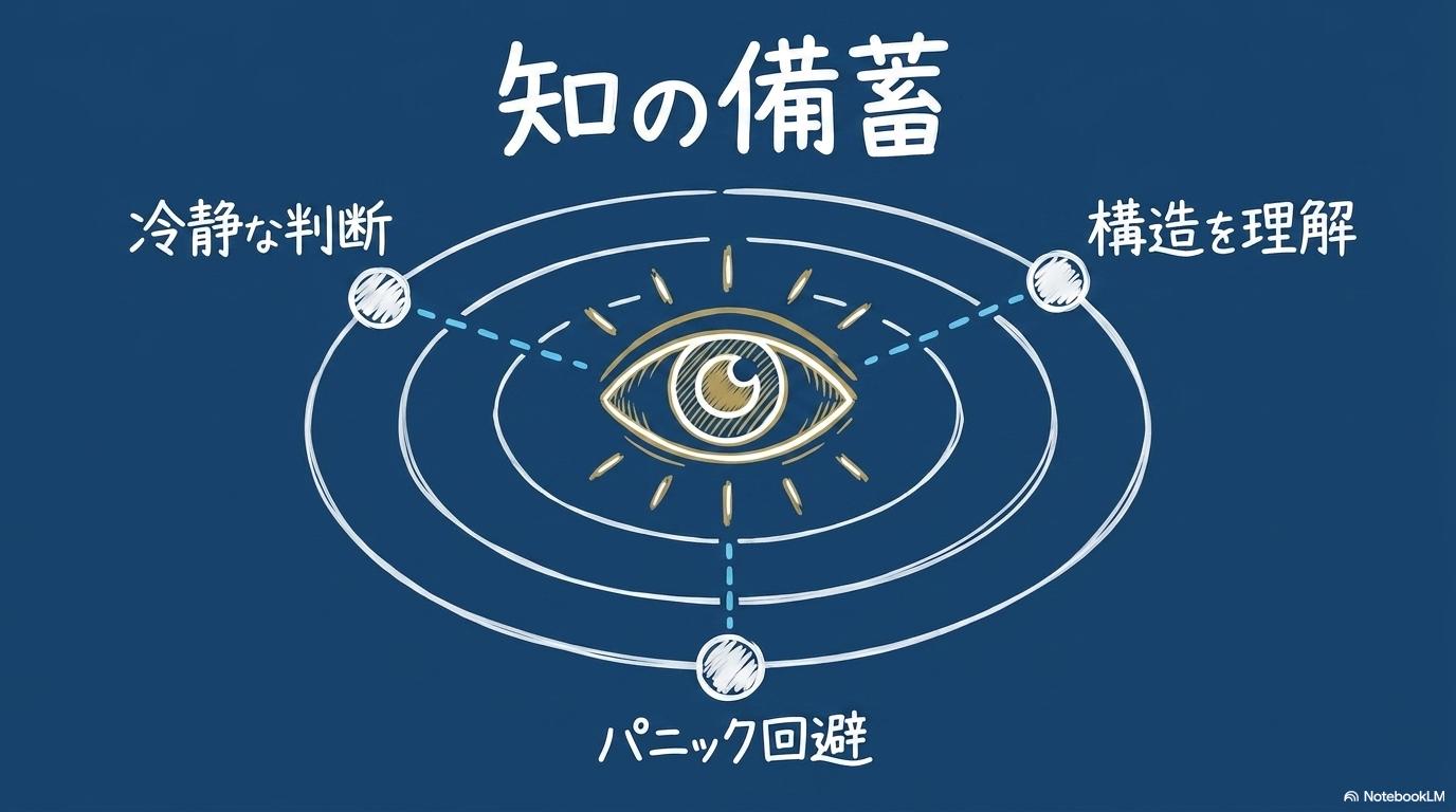 地政学リスクに対する冷静な現状認識の整理図。リスクと備えの両面を直視するスタンスをセンター配置で表現した画像。