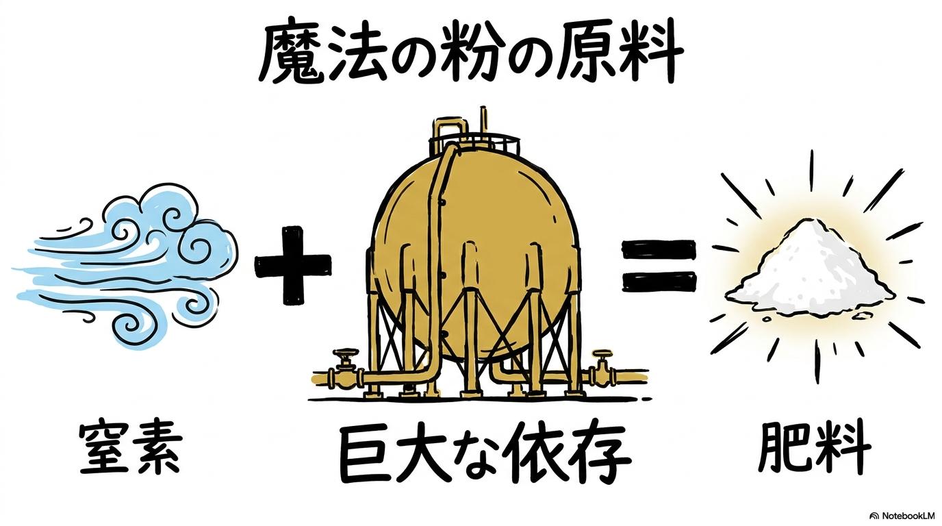 肥料原料供給の「中東一本足打法」の図解。空気と天然ガスから肥料ができる関係性を、数式図で表現した画像。