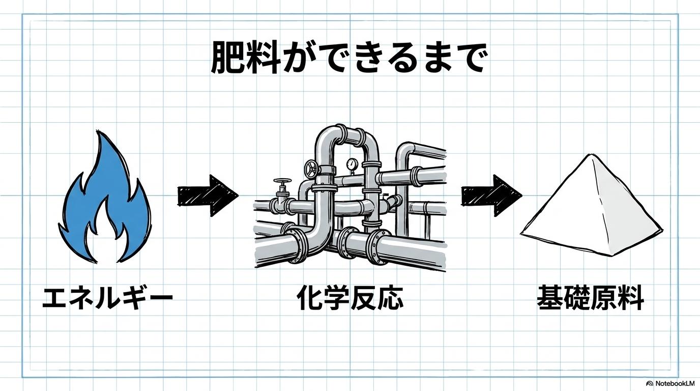 窒素肥料製造の仕組みの図解。天然ガスからアンモニアができるステップを、3ステップ図で表現した画像。