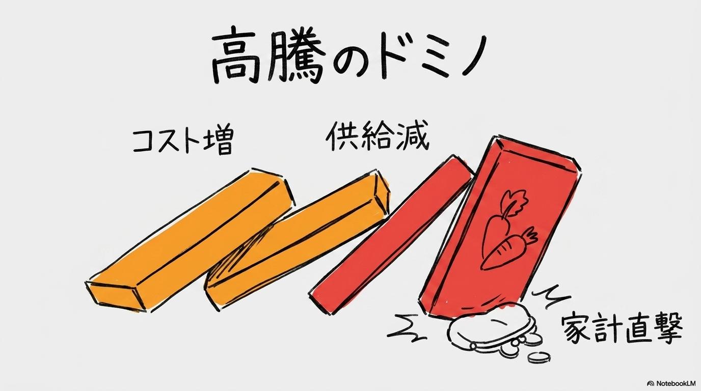 コストプッシュ・インフレのメカニズムの図解。肥料高騰から野菜価格上昇への連鎖を、ドミノ型で表現した画像。