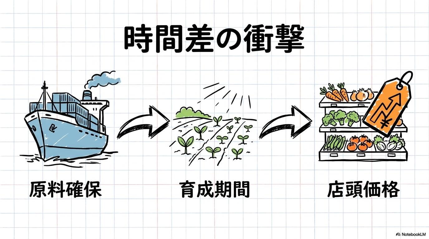 野菜価格反映のタイムラグの図解。輸入から店頭に並ぶまでの期間を、3ステップ図で表現した画像。