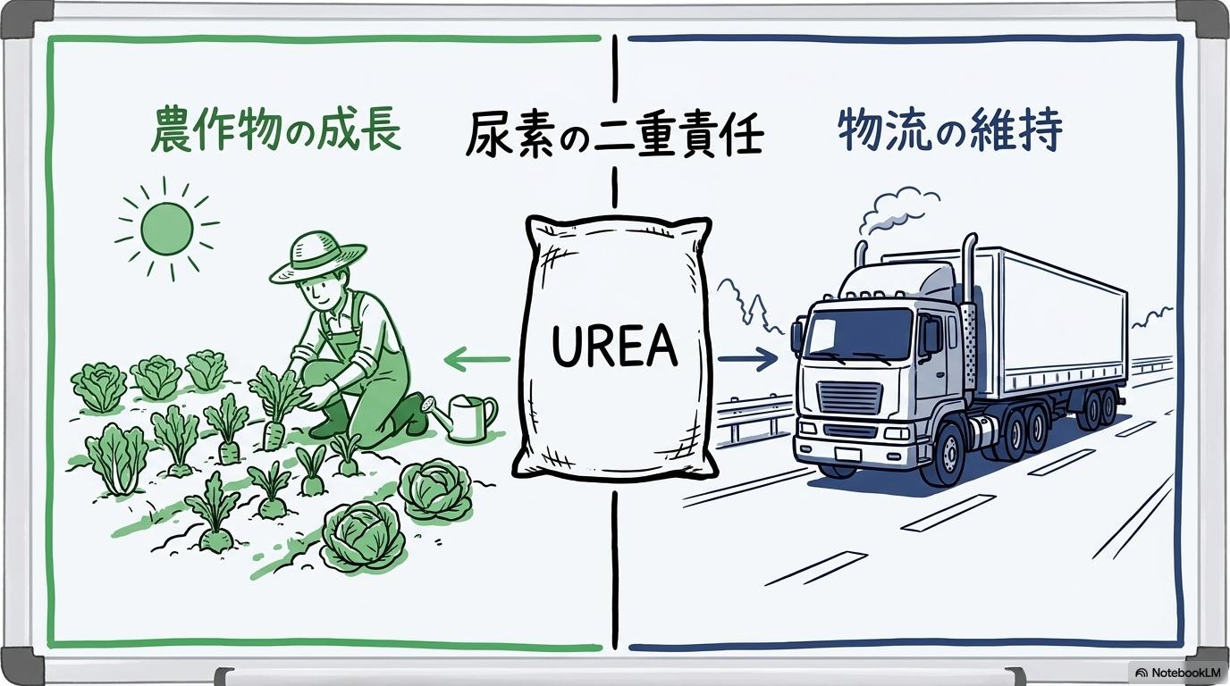 肥料とアドブルーの供給リスクの図解。尿素が農業と物流の両方に必要であることを、スプリット(左右分割)で表現した画像。