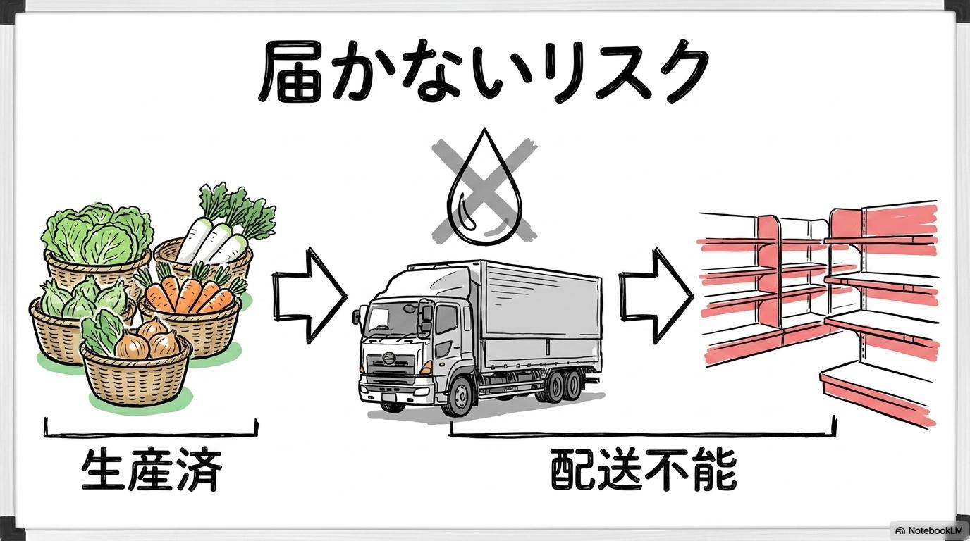 野菜がスーパーに届かない事態の図解。収穫された野菜と停止したトラック、空の棚を、VS図(対決)で表現した画像。