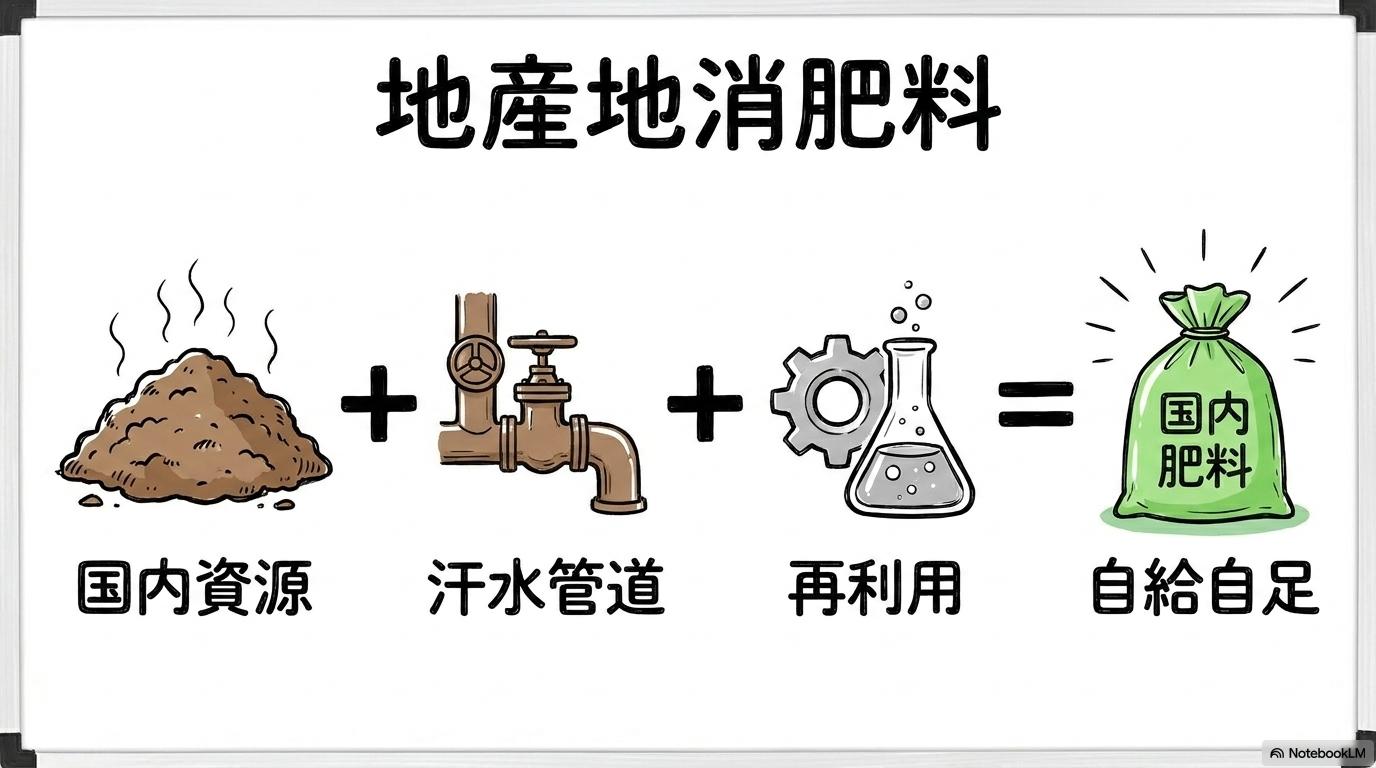 堆肥・国内資源活用の図解。未利用資源から肥料を作る関係性を、数式図で表現した画像。