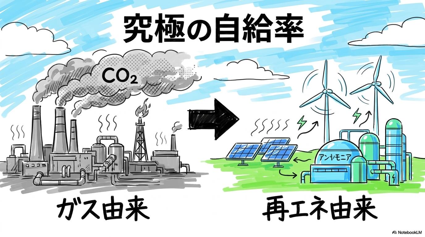 グリーンアンモニアと将来展望の図解。ガス由来から再エネ由来への転換を、ビフォーアフター(状態変化)で表現した画像。