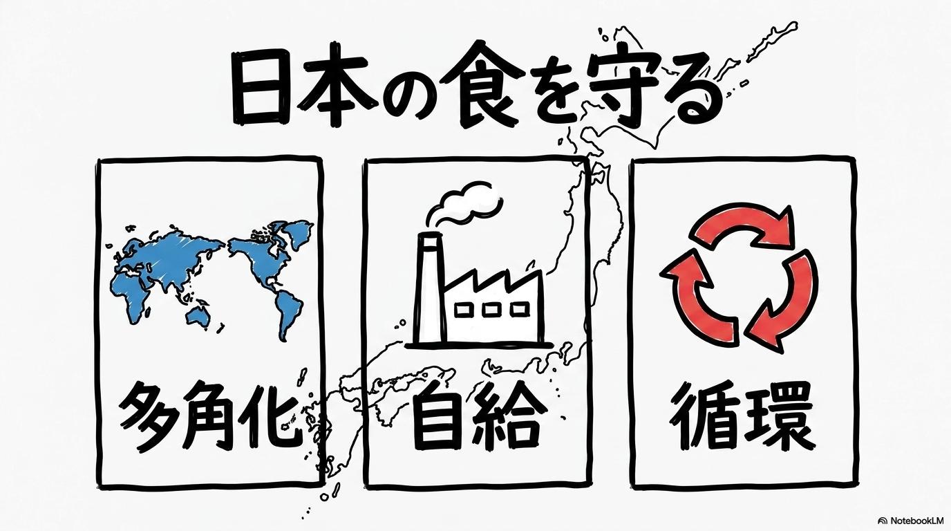日本の食料安全保障戦略の図解。3つの柱を、カード型で表現した画像。