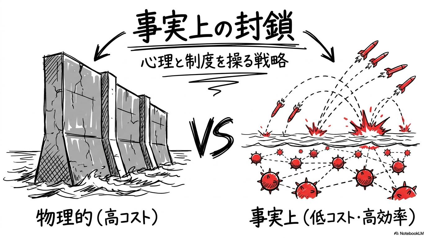 結論:ホルムズ海峡の封鎖は「物理的」よりも「事実上」が真の狙いの図解。物理的な壁と心理的な脅威の違いを対比させたVS図(対決)。