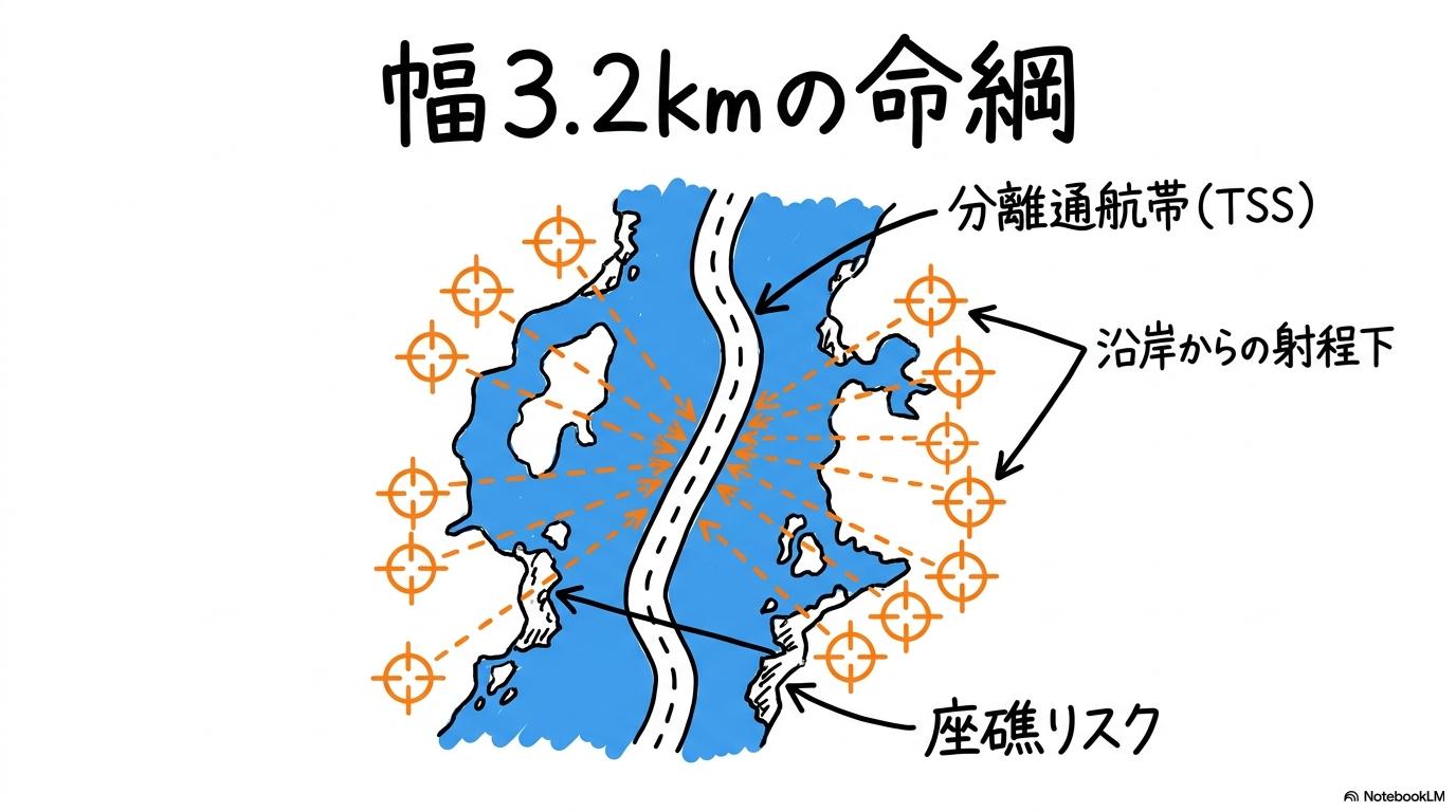 ホルムズ海峡の封鎖を有利にする地理的急所:分離通航方式(TSS)の脆弱性の図解。狭い航路に攻撃が集中する構造をセンター配置で表現した画像。