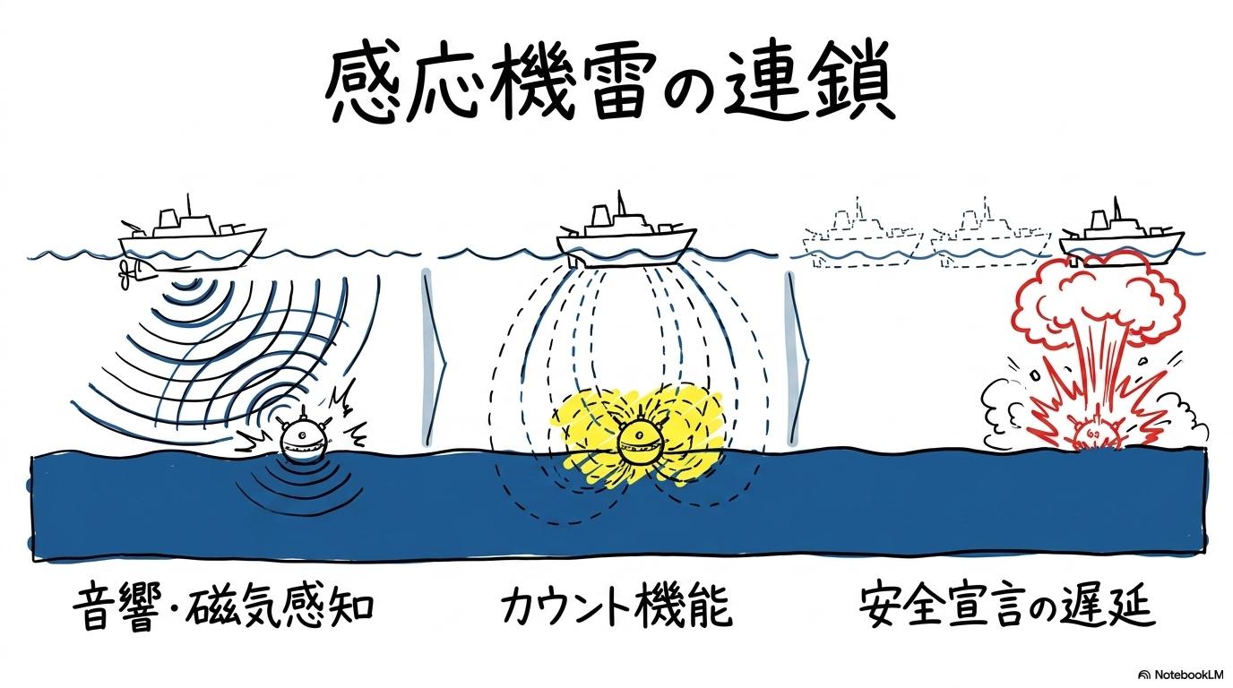 ホルムズ海峡の封鎖に使用される感応機雷:触れずに沈める「見えない地雷原」の図解。感知から爆発までのプロセスを3ステップ図で表現した画像。