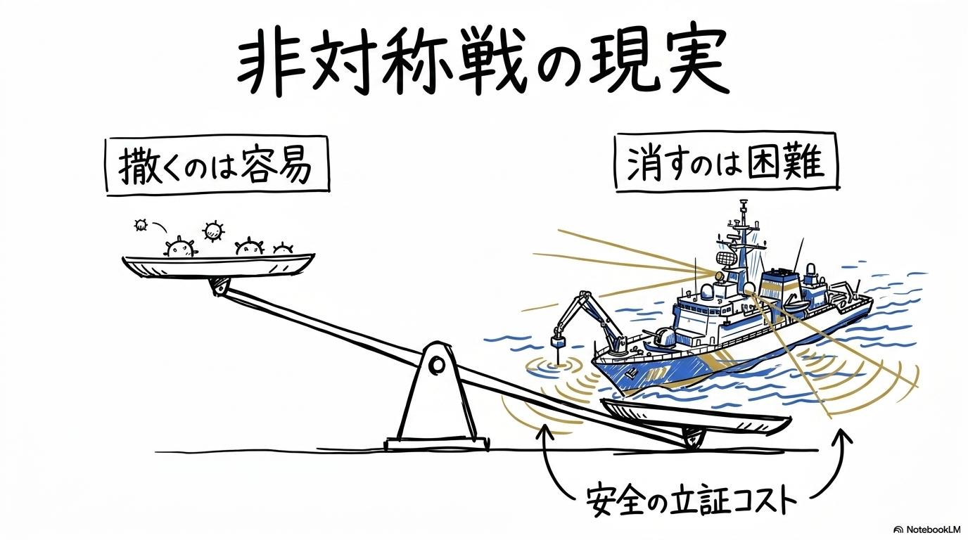 ホルムズ海峡の封鎖阻止を阻む「非対称性」:米軍掃海能力の限界と難易度の図解。攻撃と防御のコスト・時間の差を表現したVS図(対決)。