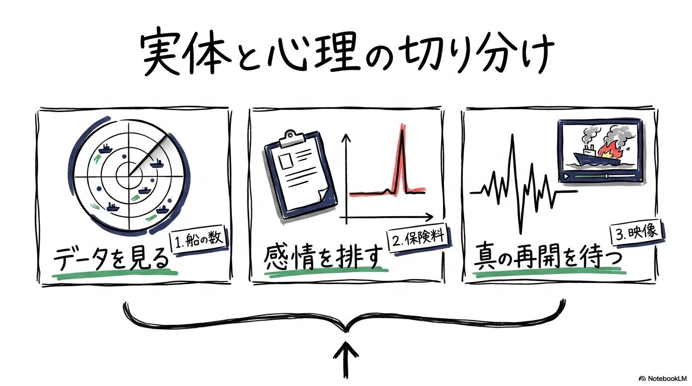 ホルムズ海峡の封鎖報道を読み解く:実体リスクと「価格高騰」の境界線の図解。データに基づいた冷静な判断基準をカード型で表現した画像。